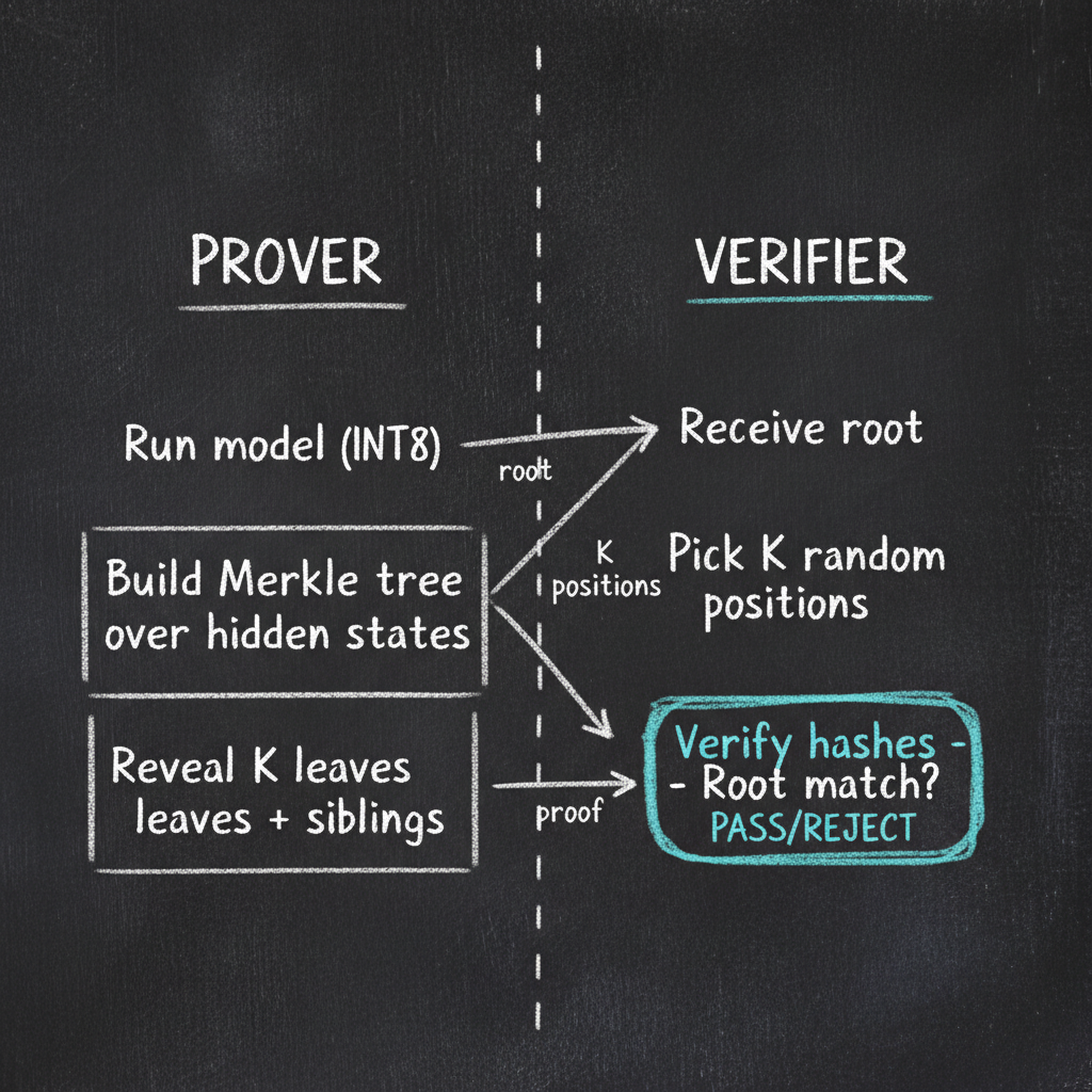 HSCP: Prover commits Merkle root, Verifier spot-checks