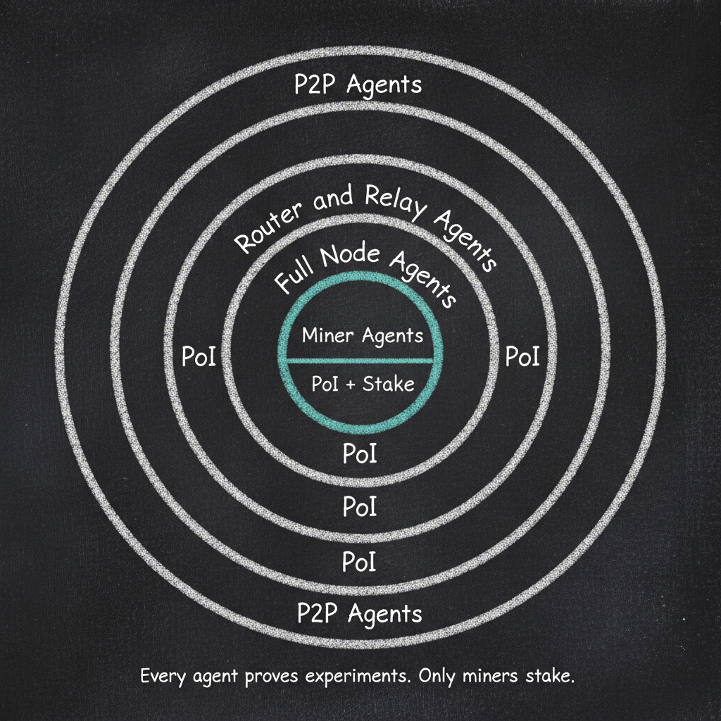 Network: Miner Agents, Full Node Agents, Router Agents, P2P Agents — all require PoI
