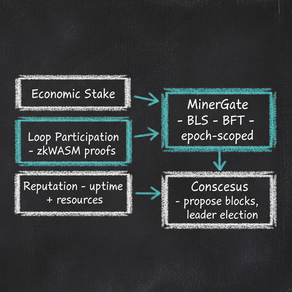 ValidatorGate: Stake + Loop Participation + Reputation → Consensus